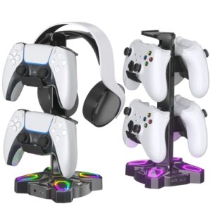 Gaming RGB Headphones Stand, Rotatable Headset Stand with 9 Light Modes - Controller Holder with 2 USB Charging Ports and 3.5mm & Type-C Port - Earphone Hanger Accessories for Desk
