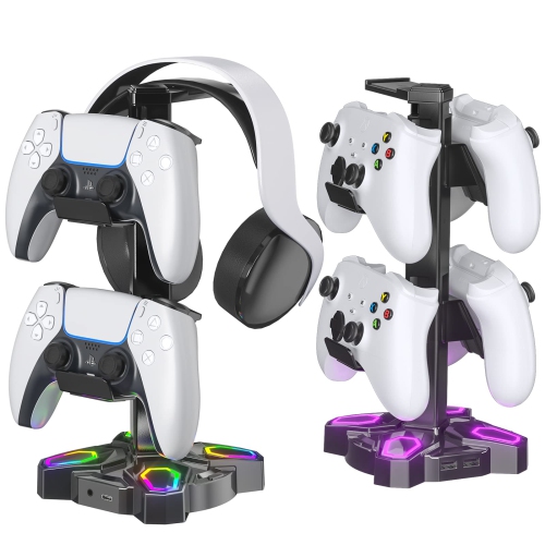 Gaming RGB Headphones Stand, Rotatable Headset Stand with 9 Light Modes - Controller Holder with 2 USB Charging Ports and 3.5mm & Type-C Port - Earphone Hanger Accessories for Desk