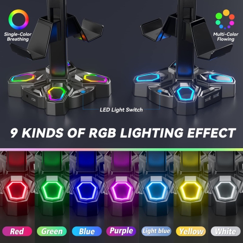 Gaming RGB Headphones Stand, Rotatable Headset Stand with 9 Light Modes - Controller Holder with 2 USB Charging Ports and 3.5mm & Type-C Port - Earphone Hanger Accessories for Desk