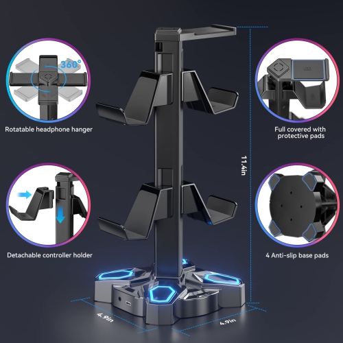 Gaming RGB Headphones Stand, Rotatable Headset Stand with 9 Light Modes - Controller Holder with 2 USB Charging Ports and 3.5mm & Type-C Port - Earphone Hanger Accessories for Desk